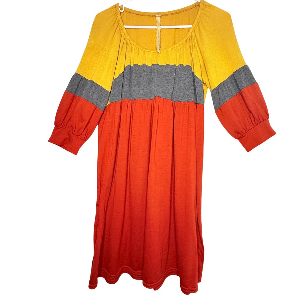 Uncle Frank Colorblock Babydoll Dress Mustard Rust Gray Boho 3/4 Sleeve